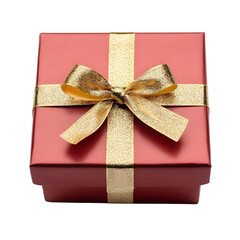 Glossy Red Gift Box Tied with a Luxurious Gold Ribbon Featuring a Perfect Bow