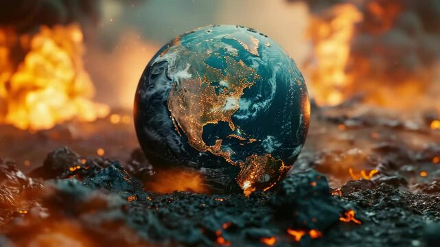 Volcanic eruption engulfs the planet, symbolizing environmental disaster and potential extinction