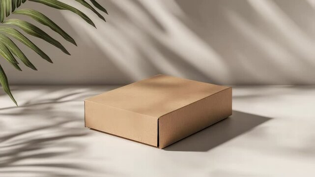 Cardboard Package Mockup: A minimalist studio setup showcases a sleek, unfolded cardboard package beneath the natural shadows of palm leaves, offering a serene and inviting presentation