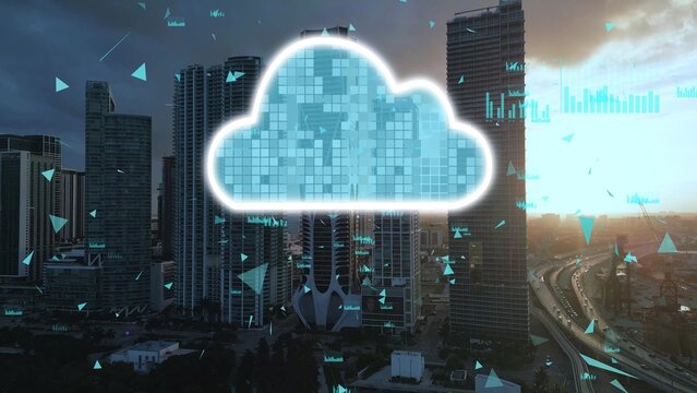 Cloud data storage technology concept over an urban cityscape symbolizing modern digital infrastructure. 3D graphic