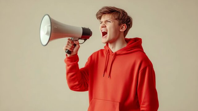 Young adult raising voice against injustice or social causes, showing passion and determination. In a city or public space, likely participating in a demonstration.