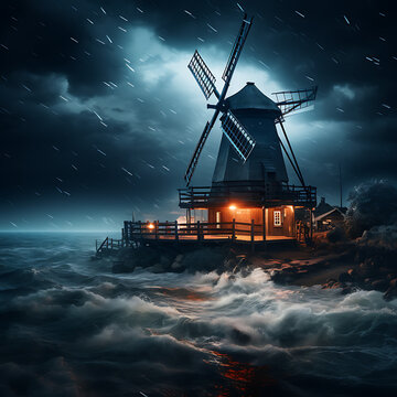 Dramatic night scene coastal windmill under stormy skies with illuminated buildings and waves