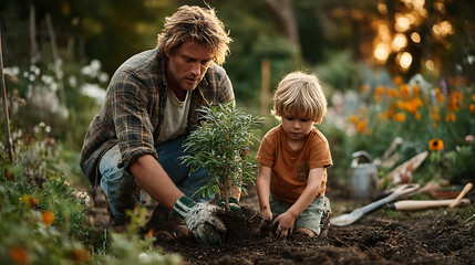 Father and son working together planting a tree in their home garden on a sunny day