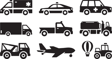 Black Silhouette Icons Set Transportation Vehicles Airplane Hot Air Balloon