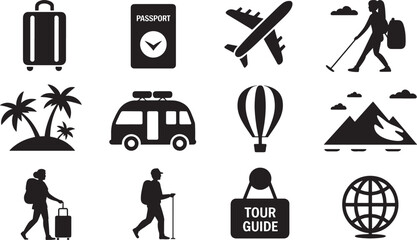 Black Silhouette Travel Icons Set Airplane Luggage Passport