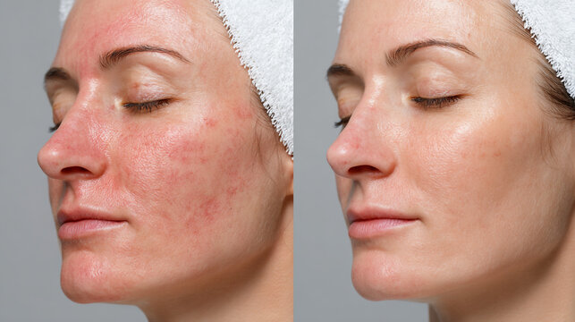 Before and after skincare showing a woman's face with rosacea alongside her face after treatment, with significantly reduced redness.