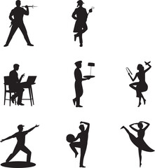 Nine Black Silhouettes Diverse Occupations Actions