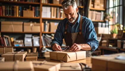 Fototapeta premium Man packing and labeling products on table