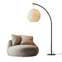 Luxury Interior Scene Featuring a Cozy Beige Lounge Chair and Elegant Floor Lamp with a Round Textured