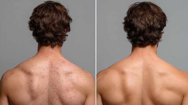 Before and after treatment of back acne. The left side of the image shows acne while the right shows clear skin after treatment.