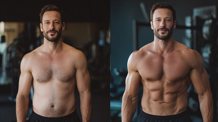 A shirtless man displays body transformation results in the gym, showing changes in muscle tone, weight loss, and improved physique.