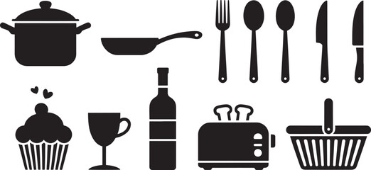 Ten Black Kitchen Utensil Silhouettes Cupcake Wine Bottle