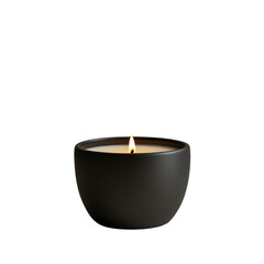 Minimalist Black Ceramic Candle with Burning Flame Captured in Soft Lighting for Wellness