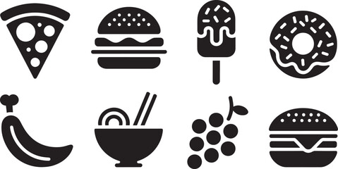 Ten Black Food Icons Vector Silhouettes Pizza Burger Ice Cream Donut Banana Noodles Grapes