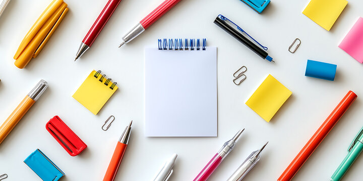 Overhead view of office stationery with blank notepad and colorful pens on white surface