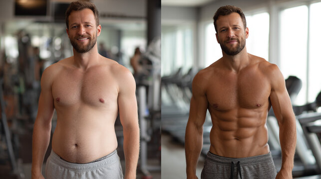 Man's Transformation: Before and after photos showcasing successful weight loss, muscle gain, and improved fitness. Healthy lifestyle journey.