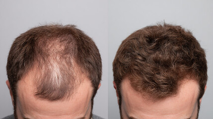 Before and after hair restoration showcasing a fuller head of hair achieved through a hair growth treatment or hair transplant procedure.