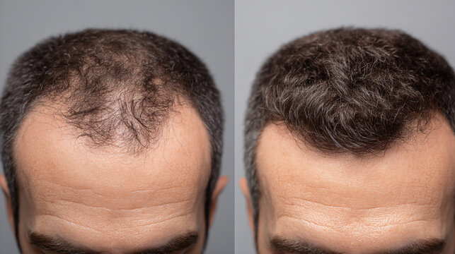 Hair regrowth concept showing male pattern baldness before and after treatment for hair loss. It focuses on improved density and coverage.