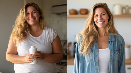 Weight loss transformation: a split image of a woman smiling before and after her fitness journey, showcasing visible physical changes.