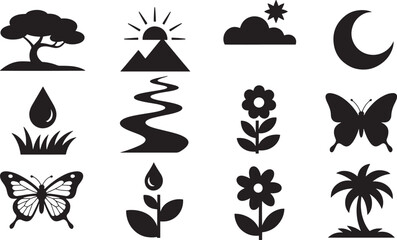 Ten Black Silhouettes Nature Icons Set Tree Sun Moon Flowers Butterfly