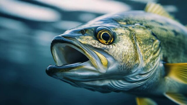 Close-up of a fish's mouth, revealing sharp teeth and pinkish gills.