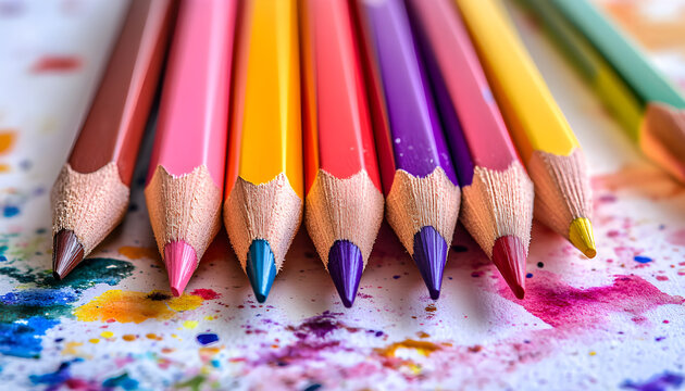 Colorful pencils on vibrant, textured background. Art supplies for creativity, drawing, education. Concept back school, design, art, craft, artistic,