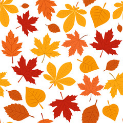 Fototapeta premium Colorful autumn leaves scattered on a white background create a vibrant seasonal pattern. Seamless pattern