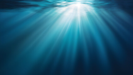 A serene and abstract underwater scene with vibrant blue hues dominating the background, evoking a sense of depth and tranquility of the ocean. Sunlight filters through the water's surface, casting 