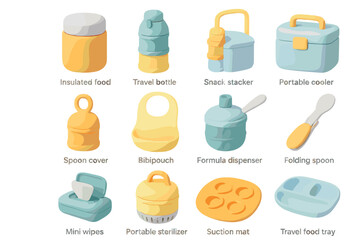 Colorful baby travel essentials set with containers, bottles, and utensils