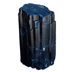 Shiny Black Tourmaline Crystal with Natural Striations and Raw Edges Capturing Light Reflections on a Deep Polished Surface