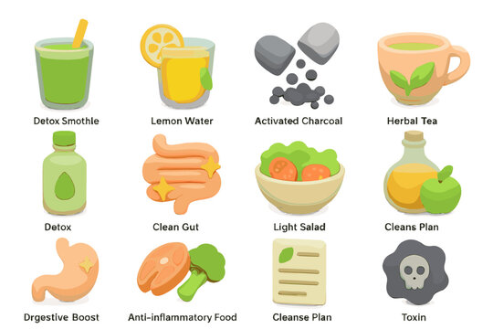 Vitality icons: herbal tea, lemon water, detox, salad, charcoal, cleanse plan