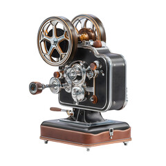 Obraz premium A classic 1960s vintage film projector with chrome detailing and worn leather, isolated on a white background, captured in ultra-clear 4K to emphasize the mechanical aspects and retro appeal.
