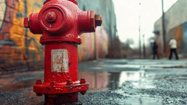 A red fire hydrant on a wet street, likely after rain. A vintage urban scene with an industrial feel to it.