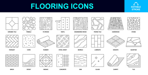 flooring material icon set. eps flooring icons containing hardwood, parquet, mosaic, steel, carpet, ceramic, pebble, plywood, vinyl, paving tile, stone, cork, rubber, marble, laminate, granite etc.