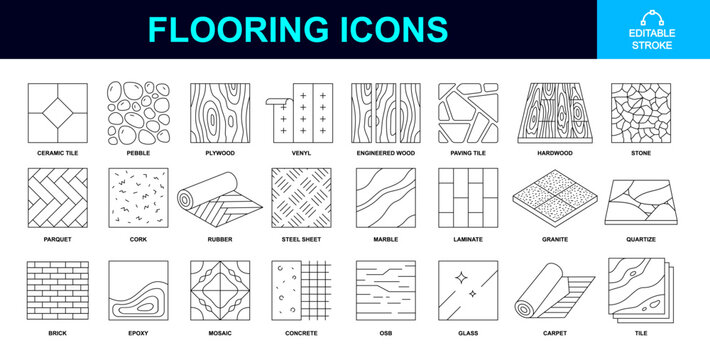 flooring material icon set. eps flooring icons containing hardwood, parquet, mosaic, steel, carpet, ceramic, pebble, plywood, vinyl, paving tile, stone, cork, rubber, marble, laminate, granite etc.
