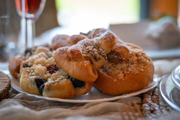 A full plate of wedding pastries on a table for guests. 

