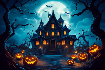 Charming haunted house surrounded by glowing pumpkins under a full moon in a dark, playful Halloween atmosphere