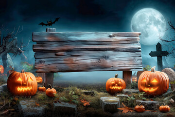 A wooden sign on Halloween evening with carved pumpkins, spooky background, under a full moon at night