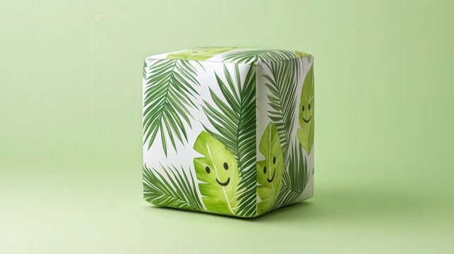 A cube-shaped object covered in fabric with green palm leaf patterns and smiling faces on a light green background.