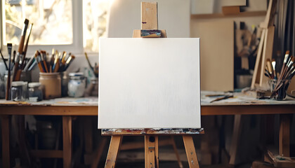 Blank canvas stands on wooden easel in bright artist studio with painting tools, brushes. Creative workspace, art supplies, wooden tables, wooden planks, plant, natural light