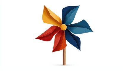 A colorful pinwheel with six blades in red, orange, and blue, mounted on a wooden stick against a white background.
