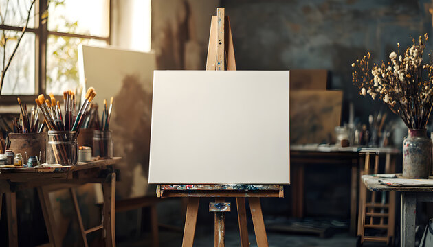 Blank canvas stands on wooden easel in bright artist studio with painting tools, brushes. Creative workspace, art supplies, wooden tables, wooden planks, plant, natural light - Powered by Adobe
