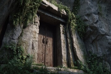 Ancient wooden door set into a weathered stone facade, surrounded by overgrowth, hinting at a hidden and forgotten passage.