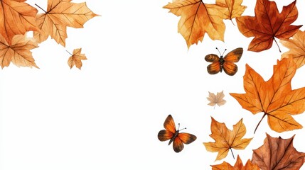 Watercolor autumn leaves and butterflies border on white background with seasonal fall theme

