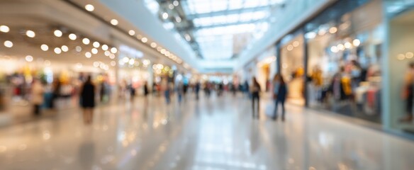 Blurred background of an indoor shopping mall with bright lights and people walking around, creating a lively atmosphere Generative AI