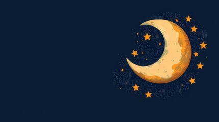 Naklejka premium Illustrated crescent moon surrounded by stars on a dark blue background, evoking a dreamy and celestial nighttime scene.