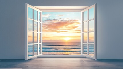 Obraz premium Panoramic view of a sunset over the ocean through an open window.