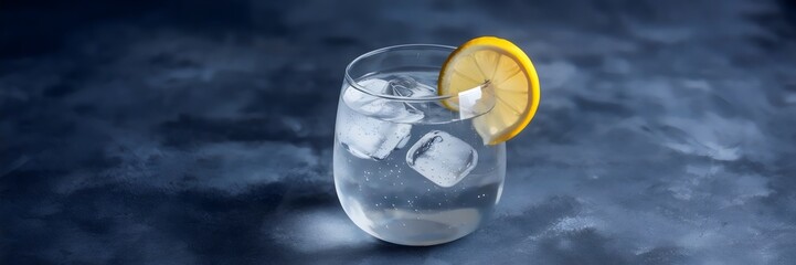 Glass of sparkling water with lemon and ice on dark grey matte surface