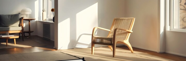 Wicker chair in sunlit corner of minimalist room with soft rug