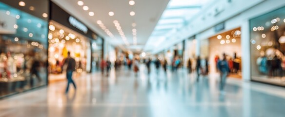 Blurred background of an indoor shopping mall with people walking around and glass windows, blurred, bokeh effect Generative AI